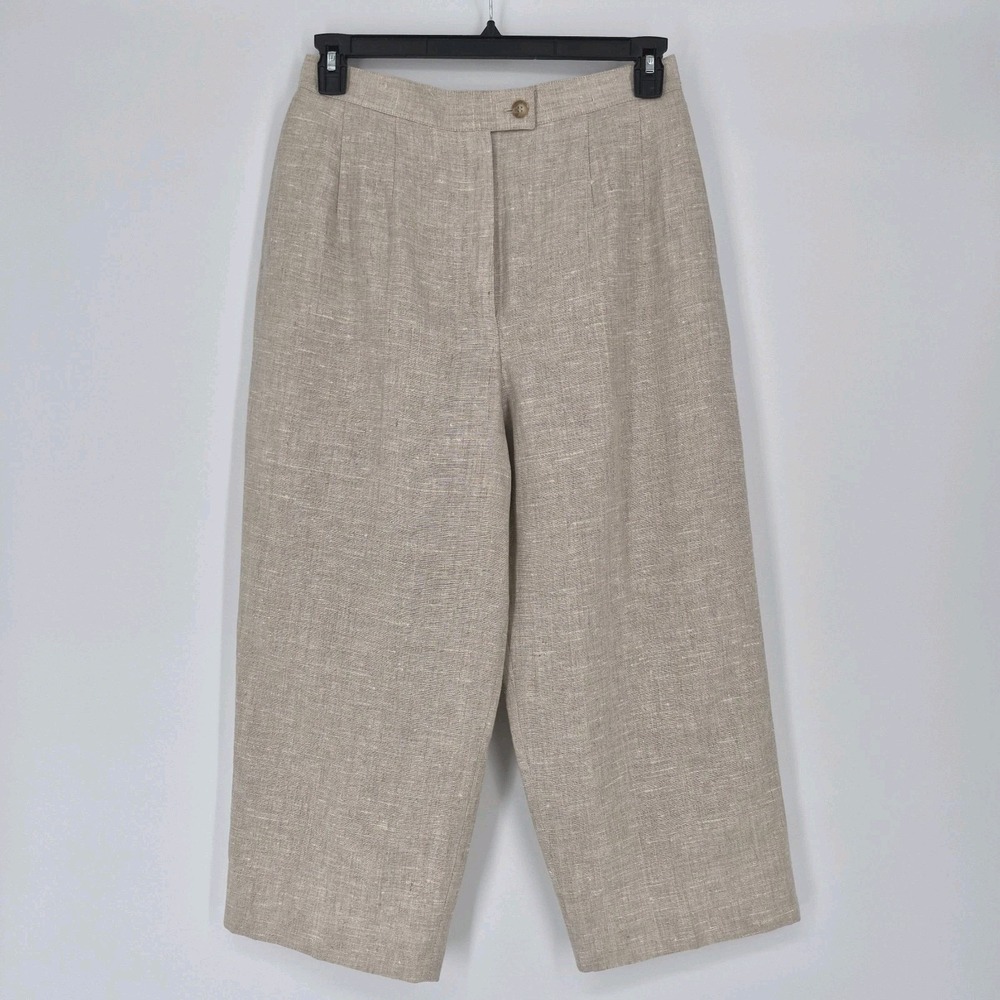 harve benard 90's  Women's Linen Cropped Pants Tan Wide Leg Trousers Coastal 12